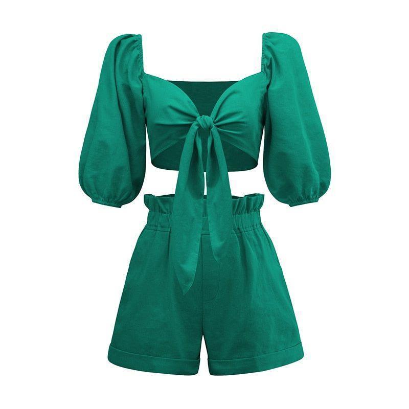 Everhart Front Tie Cotton Two-Piece Set - Green / S - Mermaid Way