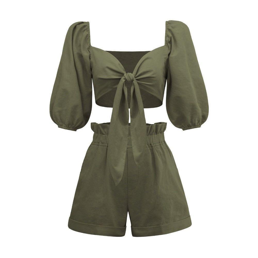 Everhart Front Tie Cotton Two-Piece Set - Green / S - Mermaid Way