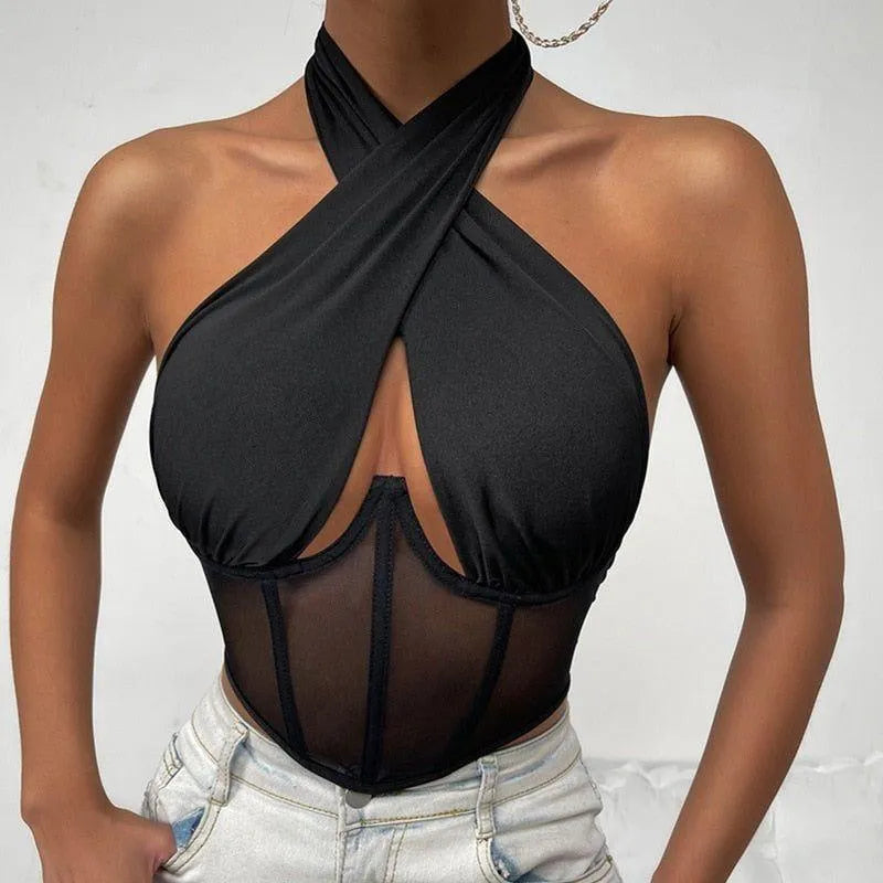 Evil Eye Criss Cross Hollow Corset Top - Black / S - Mermaid Way