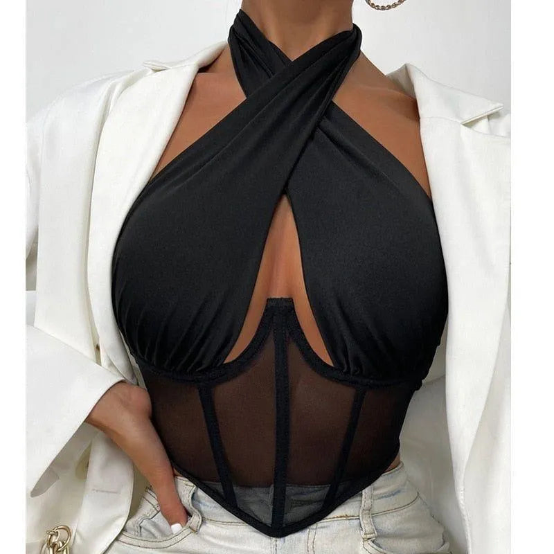 Evil Eye Criss Cross Hollow Corset Top - Black / S - Mermaid Way