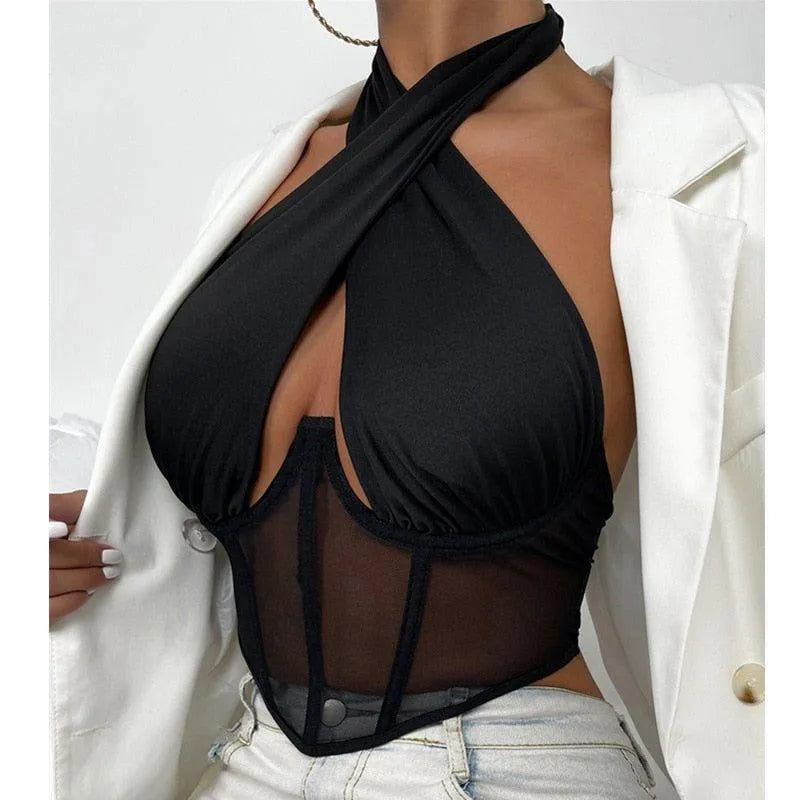 Evil Eye Criss Cross Hollow Corset Top - Black / S - Mermaid Way