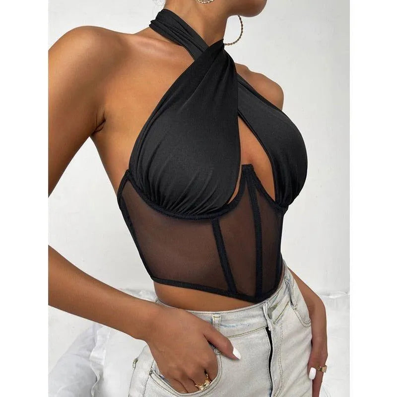 Evil Eye Criss Cross Hollow Corset Top - Black / S - Mermaid Way