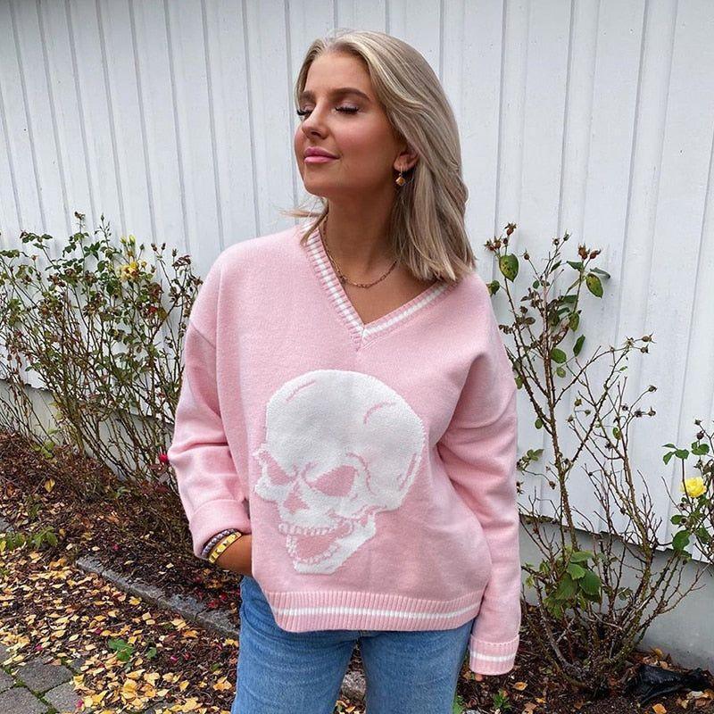 Evil Eye Skull Print Knitted Sweater - Pink / S - Mermaid Way