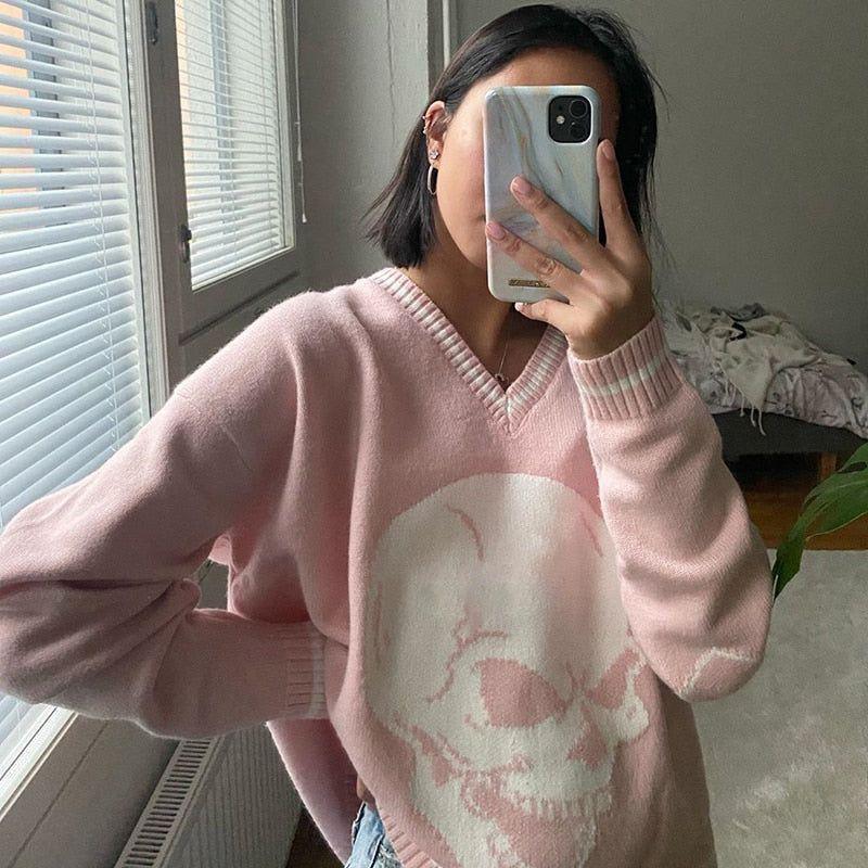 Evil Eye Skull Print Knitted Sweater - Pink / S - Mermaid Way