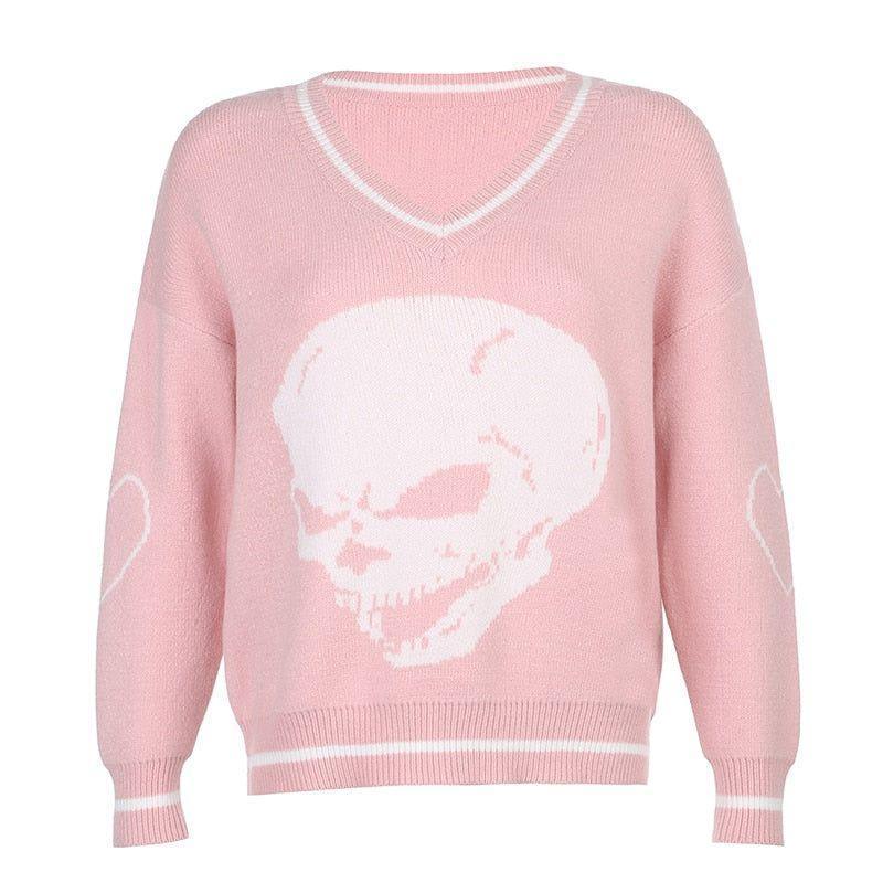 Evil Eye Skull Print Knitted Sweater - Pink / S - Mermaid Way