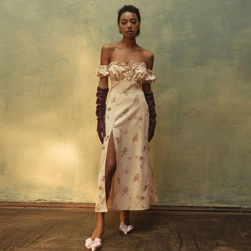 Fashion Du Jour Floral Print Off Shoulder Midi Dress - Ivory / S - Mermaid Way