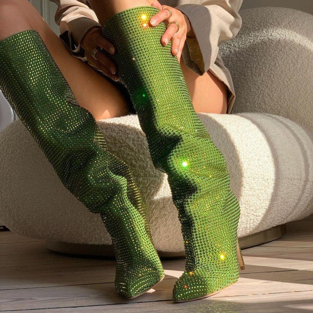 Fashionista Glitter Rhinestone Knee-High Stilettos Boots - Green / 4 - Mermaid Way