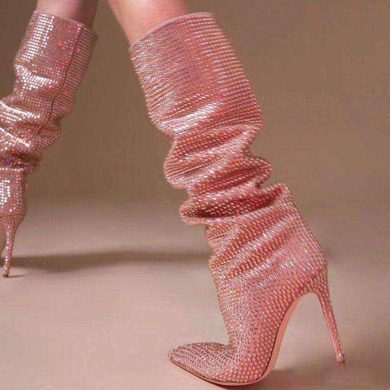 Fashionista Glitter Rhinestone Knee-High Stilettos Boots - Pink / 4 - Mermaid Way