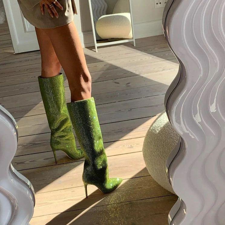 Fashionista Glitter Rhinestone Knee-High Stilettos Boots - Green / 4 - Mermaid Way