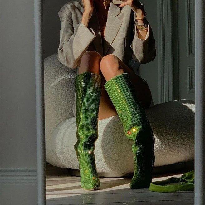 Fashionista Glitter Rhinestone Knee-High Stilettos Boots - Green / 4 - Mermaid Way