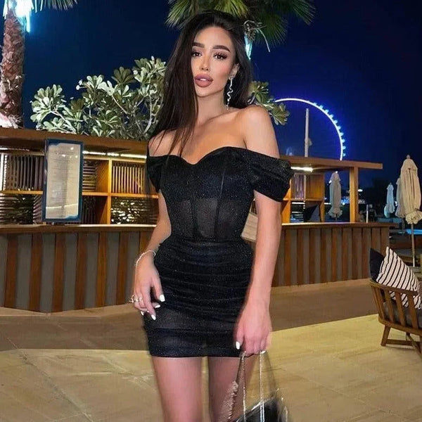 open lace back dress Arista Off-Shoulder Ruched Mini Dress Black main image 0