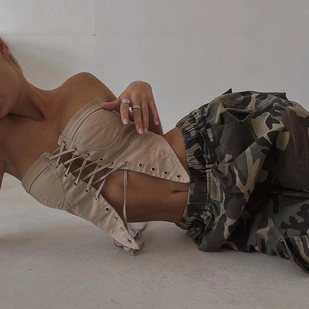 French Kiss Vintage Lace Up Corset Top - Khaki / S - Mermaid Way
