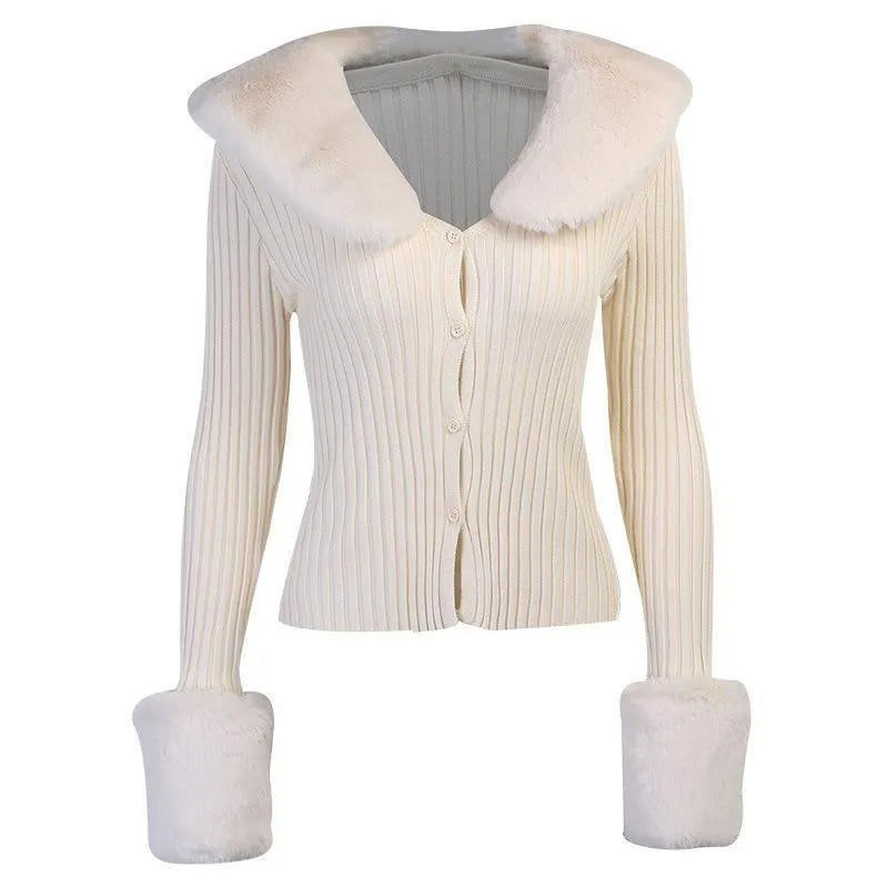 Freya Feather Collar Ribbed Cardigan - Beige / S - Mermaid Way