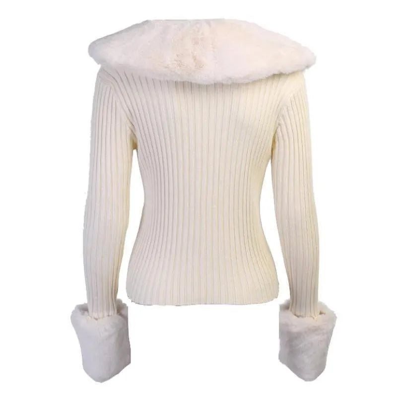 Freya Feather Collar Ribbed Cardigan - Beige / S - Mermaid Way