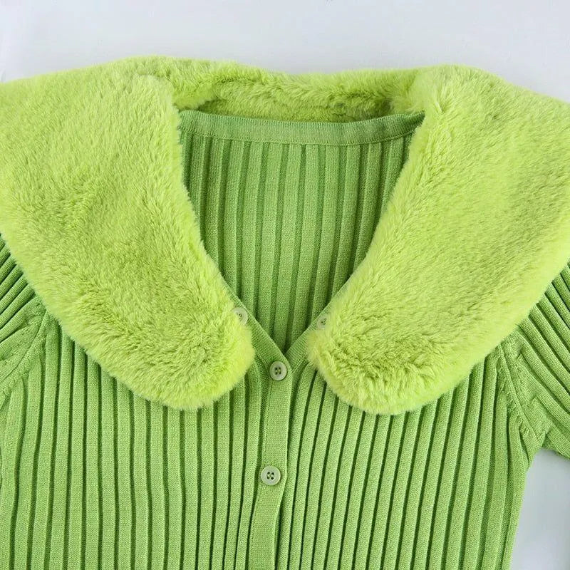Freya Feather Collar Ribbed Cardigan - Beige / S - Mermaid Way
