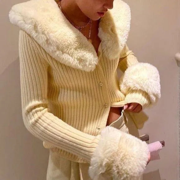 Freya Feather Collar Ribbed Cardigan - Beige / S - Mermaid Way