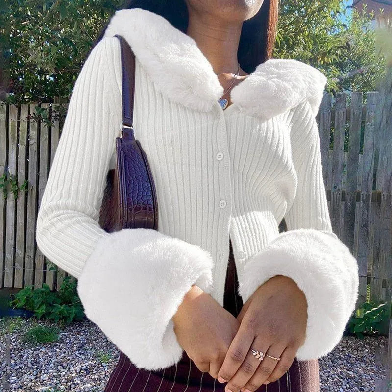 Freya Feather Collar Ribbed Cardigan - White / S - Mermaid Way