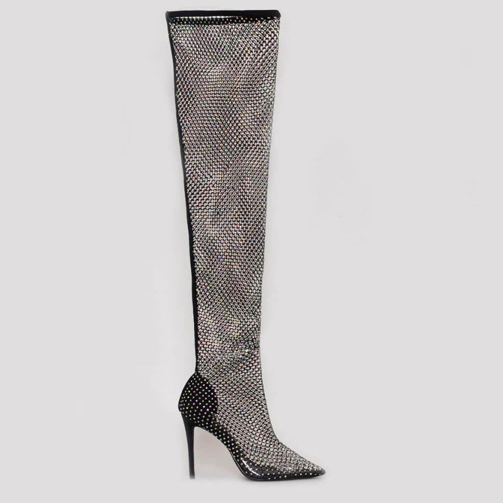 Glimmer Over The Knee Rhinestone Mesh Heel Boots - 4 - Mermaid Way