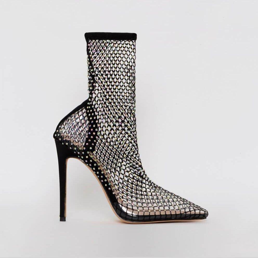 Glimmer Rhinestone Mesh Heel Boots - Black / 4 - Mermaid Way