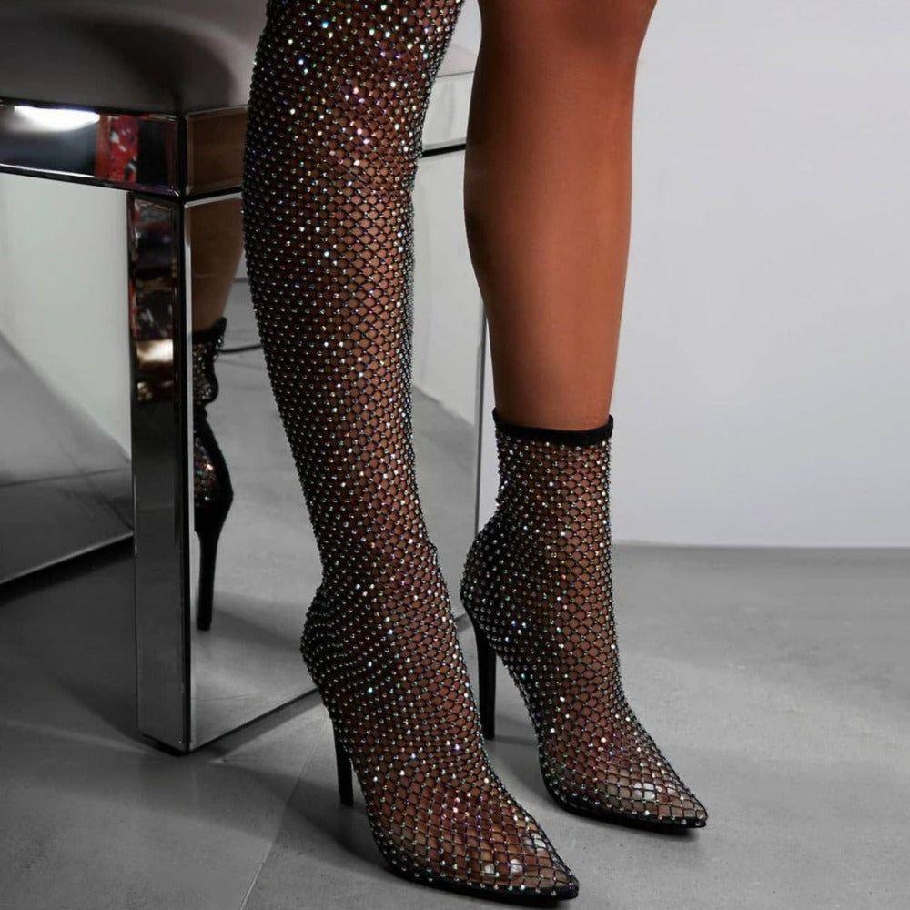 Glimmer Rhinestone Mesh Heel Boots - Black / 4 - Mermaid Way