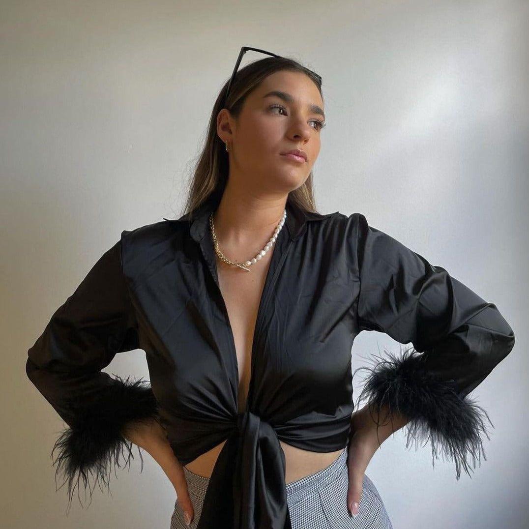 Good Vibes Feather Long Sleeve Satin Top - Black / S - Mermaid Way