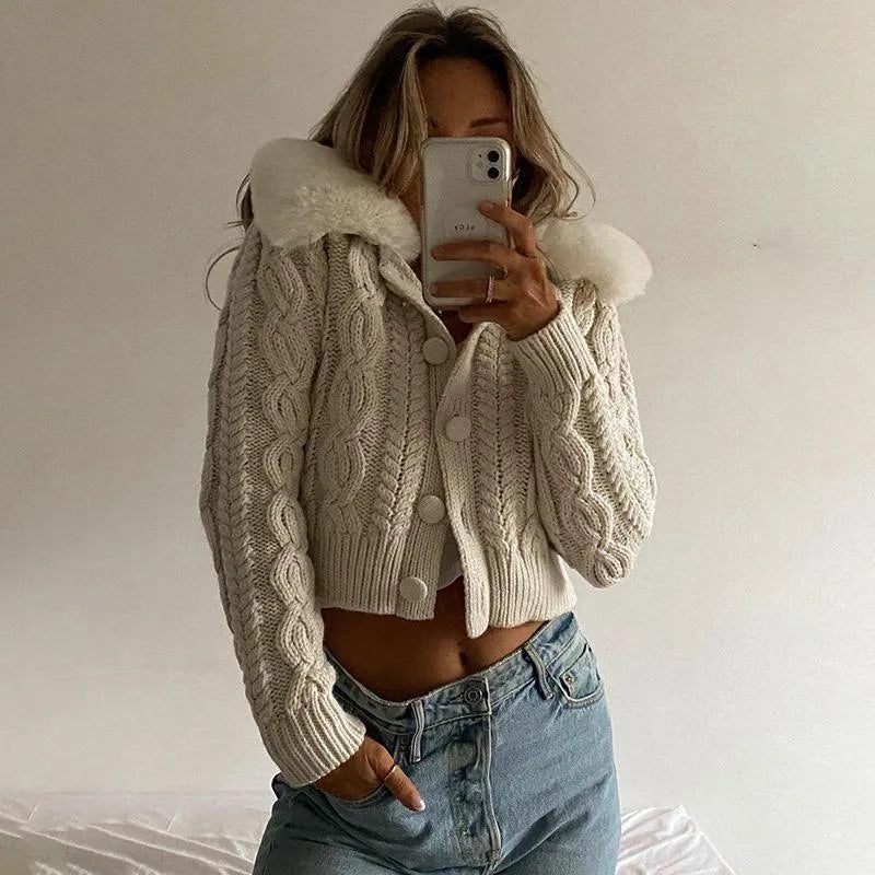 Hannie Faux Fur Knitted Cardigan - Beige / S - Mermaid Way