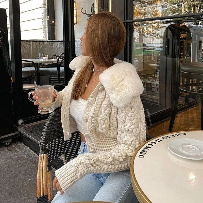 Hannie Faux Fur Knitted Cardigan - Beige / S - Mermaid Way