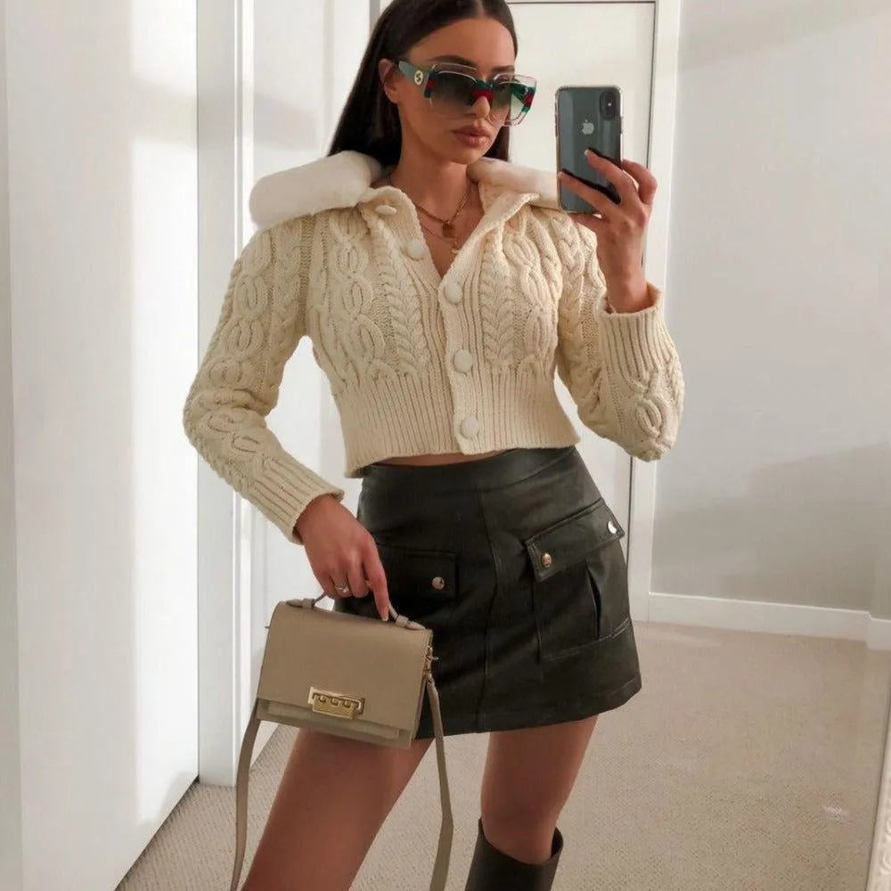 Hannie Faux Fur Knitted Cardigan - Beige / S - Mermaid Way