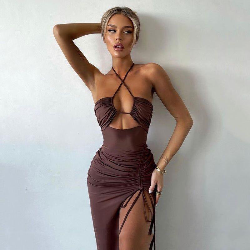 Heart Song Ruched High Split Halter Maxi Dress - Brown / S - Mermaid Way