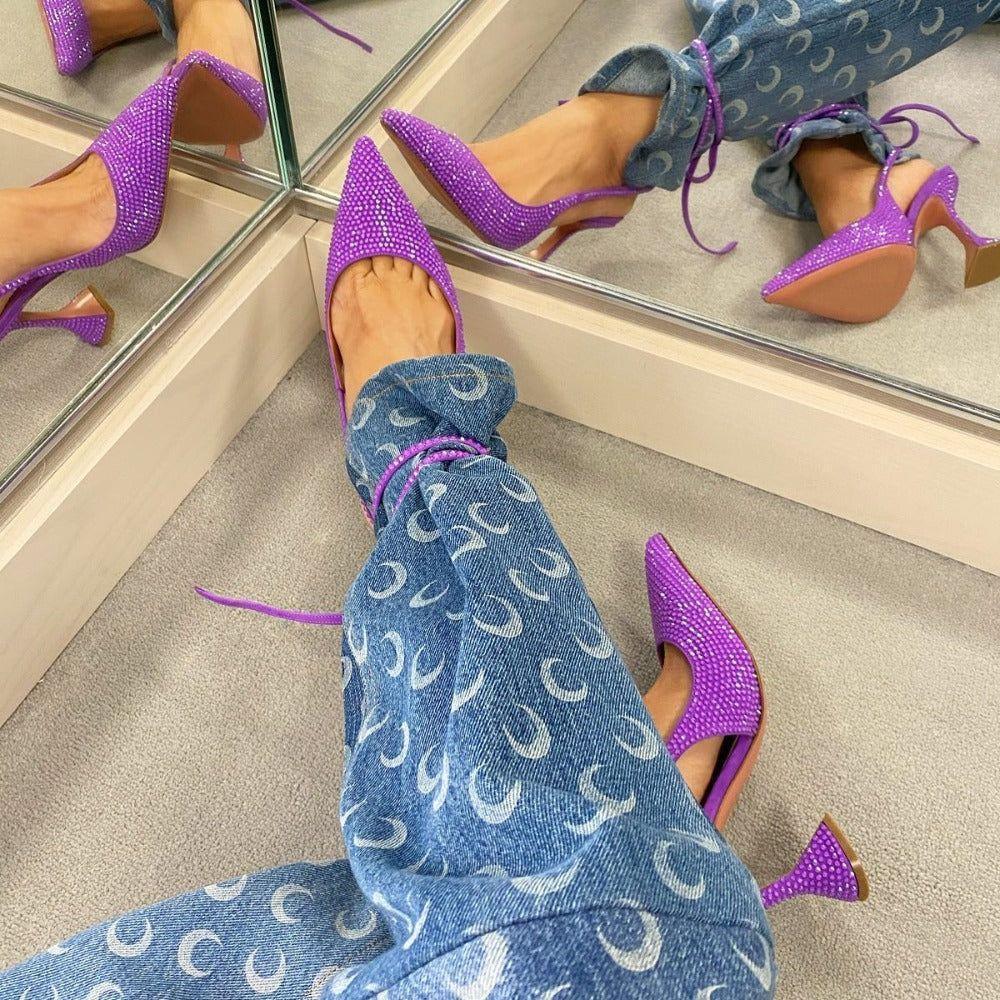 High Shine Crystal Lace Up Heels - Purple / 4 - Mermaid Way