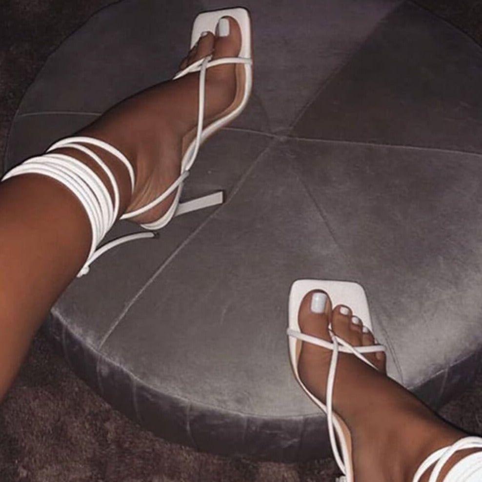 Ignite Lace Up Strappy Square Toe Heels - White / 6.5 - Mermaid Way