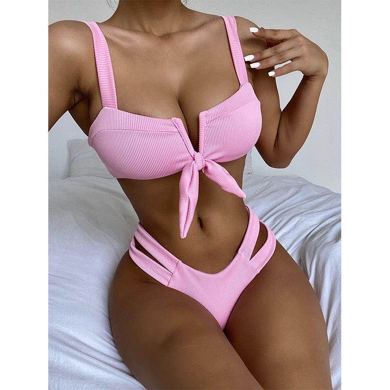 Irena Ribbed Cut Out Two-Piece Bikini - Pink / S - Mermaid Way