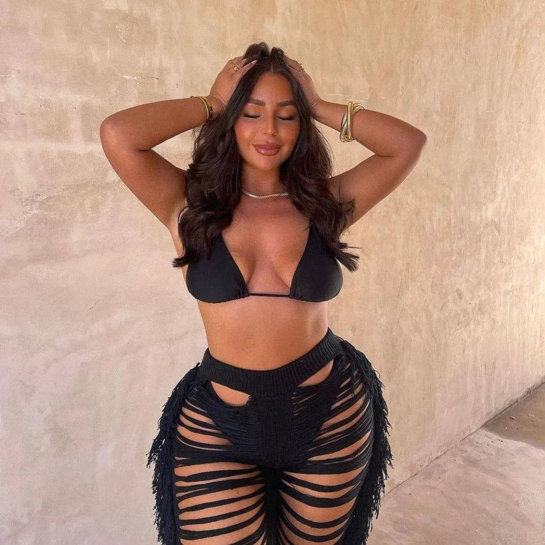 Jada Ripped Side Tassel Straight Pants - Black / S - Mermaid Way