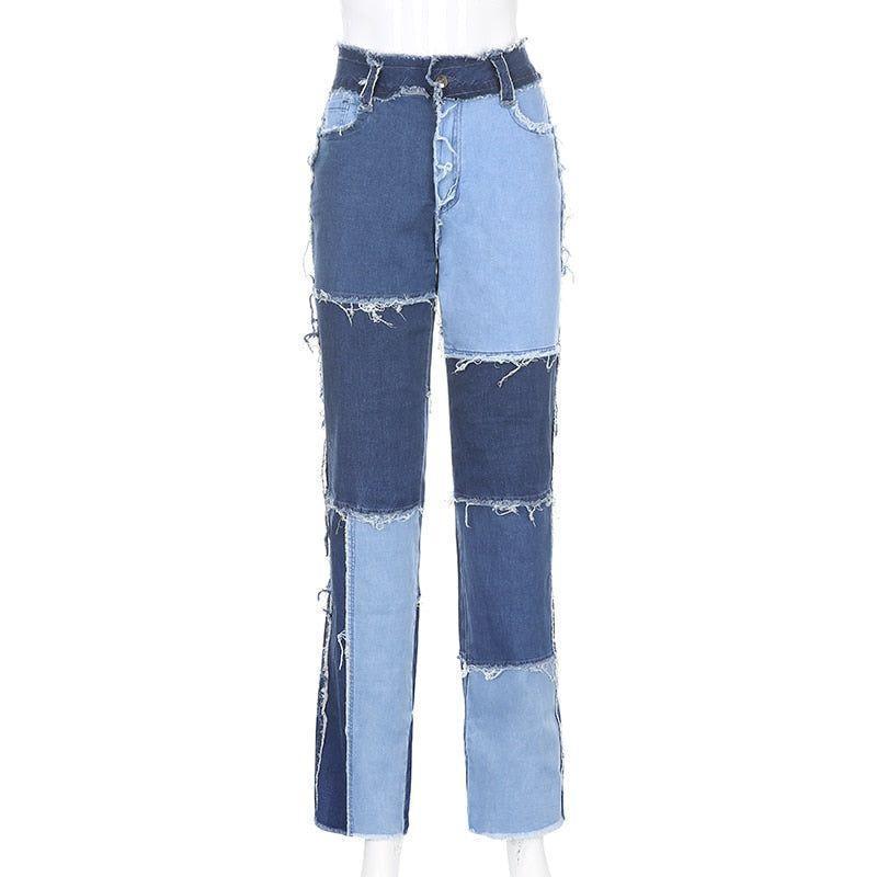 Kaylani Patchwork High Waist Street Jeans - Blue / S - Mermaid Way