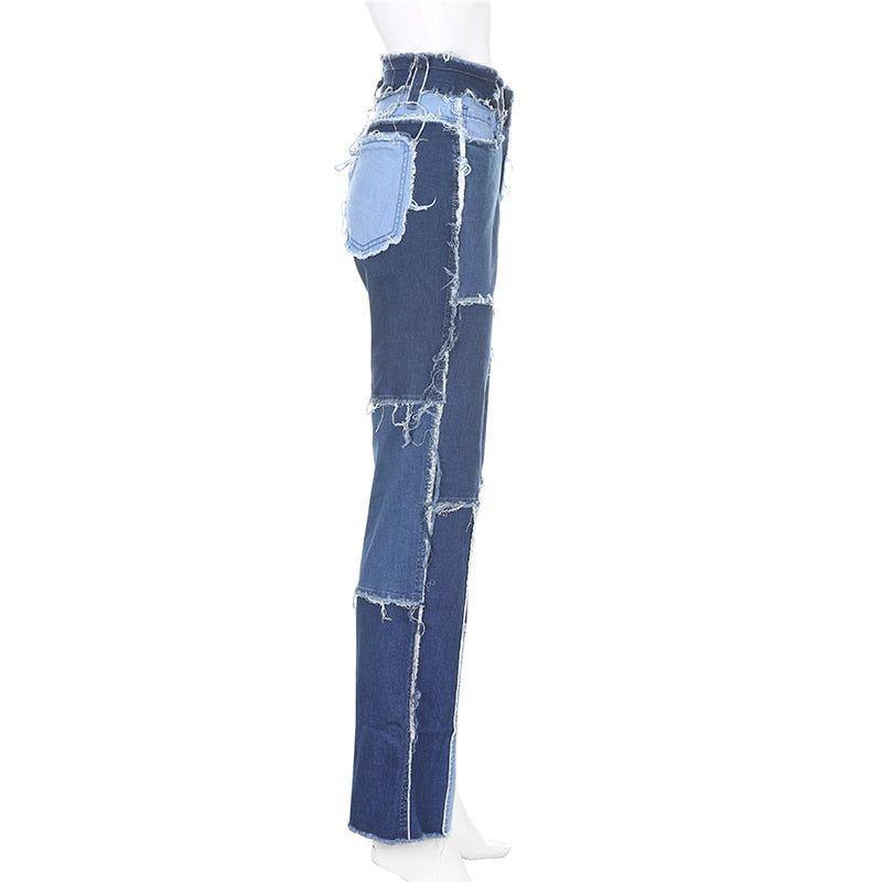 Kaylani Patchwork High Waist Street Jeans - Blue / S - Mermaid Way