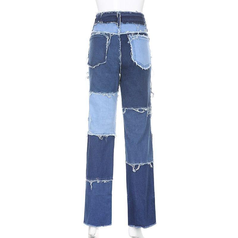 Kaylani Patchwork High Waist Street Jeans - Blue / S - Mermaid Way