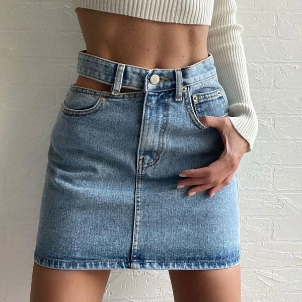 high-waisted denim mini skirt with double belt detail