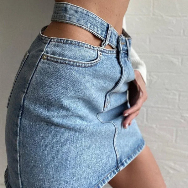 denim mini skirt with cut-out waist detail
