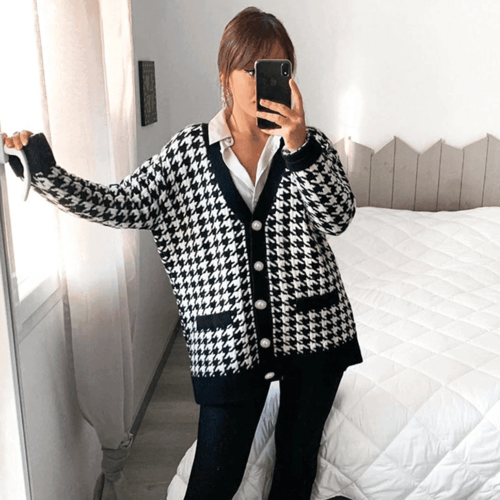 Killa Houndstooth Pattern Button Cardigan - Black & White / S - Mermaid Way