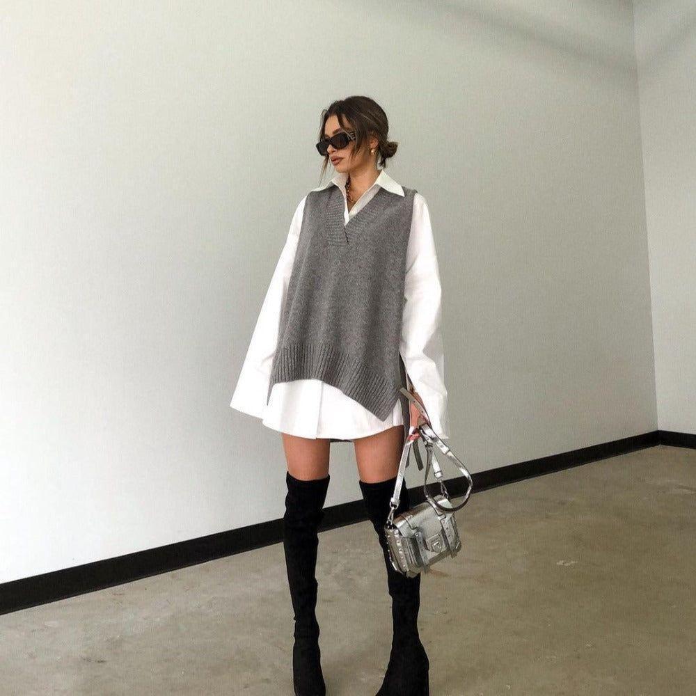 Lana Oversized Knitted Vest - Gray / S - Mermaid Way