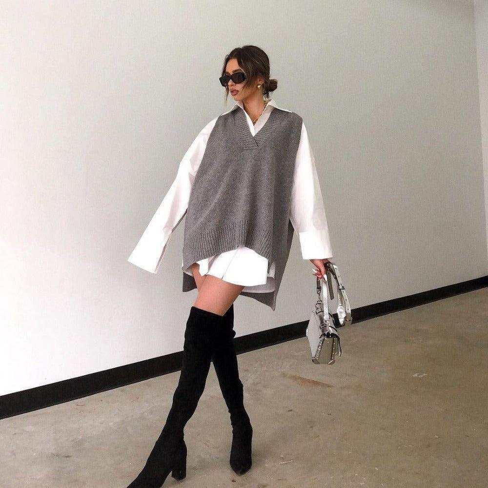 Lana Oversized Knitted Vest - Gray / S - Mermaid Way