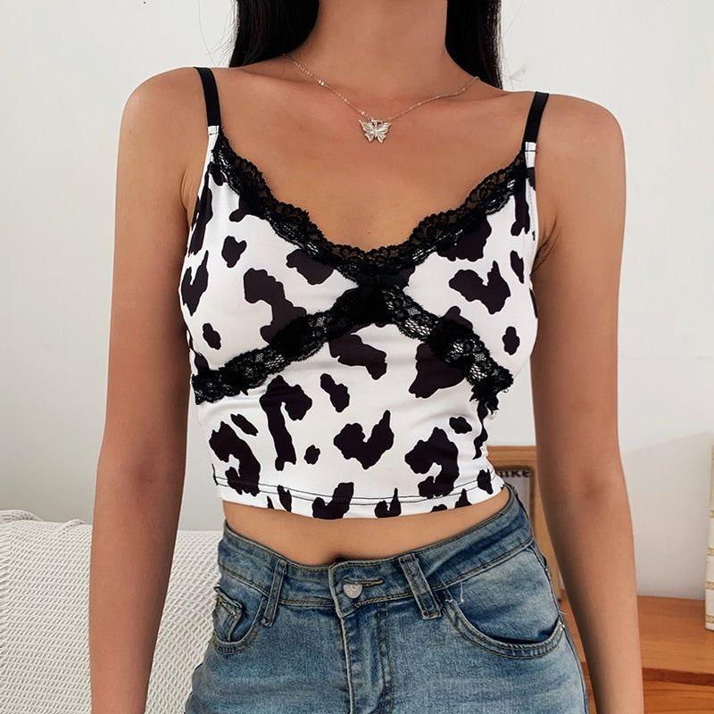 Lara Cow Print Lace Crop Top - Cow Print / S - Mermaid Way