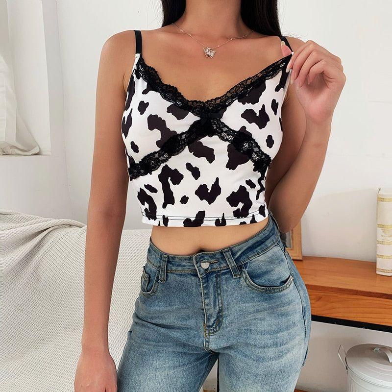 Lara Cow Print Lace Crop Top - Cow Print / S - Mermaid Way