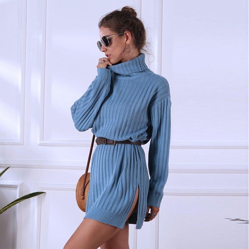 Lina Turtleneck Knitted Sweater Mini Dress - Blue / One Size - Mermaid Way