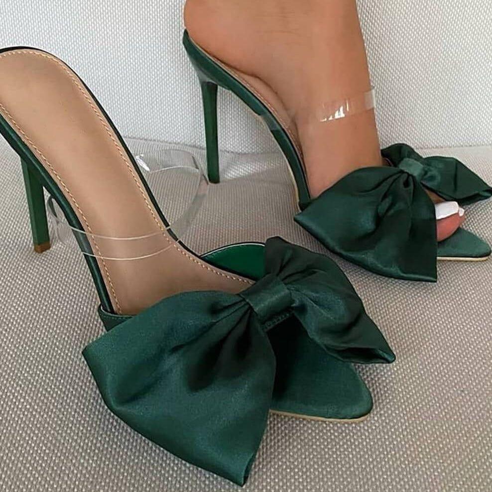 Longshot Big Bow Satin Stiletto Heels - Green / 4 - Mermaid Way