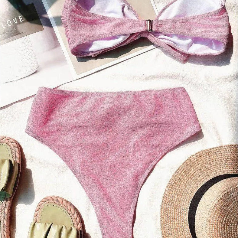 Luna Glitter Bowknot Decor Strapless Bikini Set - Pink / S - Mermaid Way