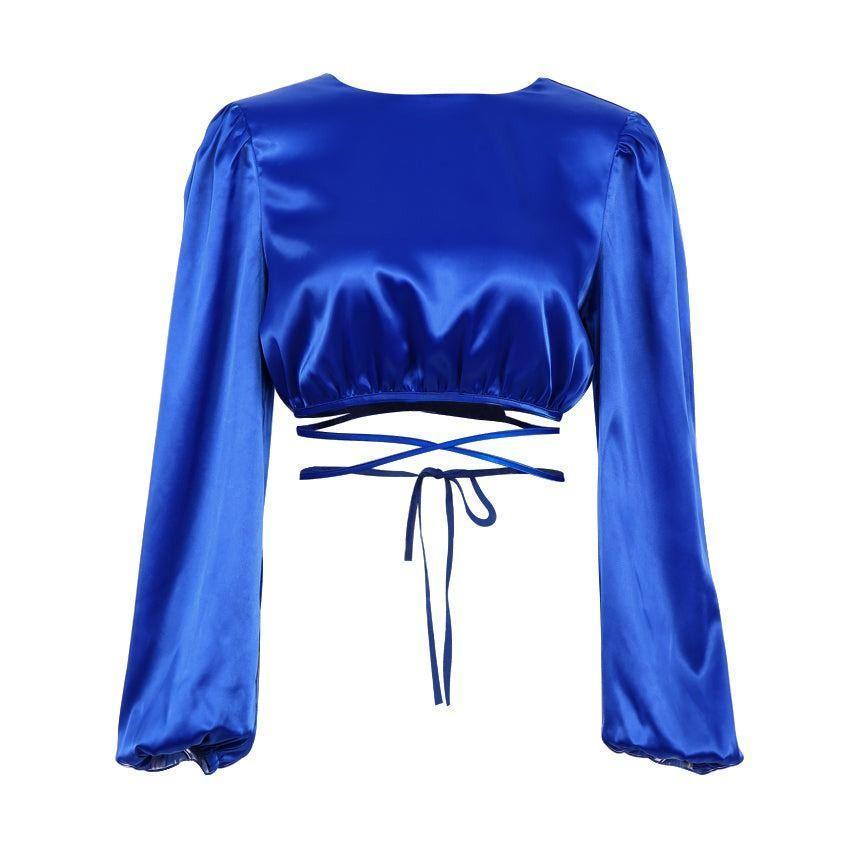 Luna Lace Up Cross Strap Satin Blouse - Blue / S - Mermaid Way