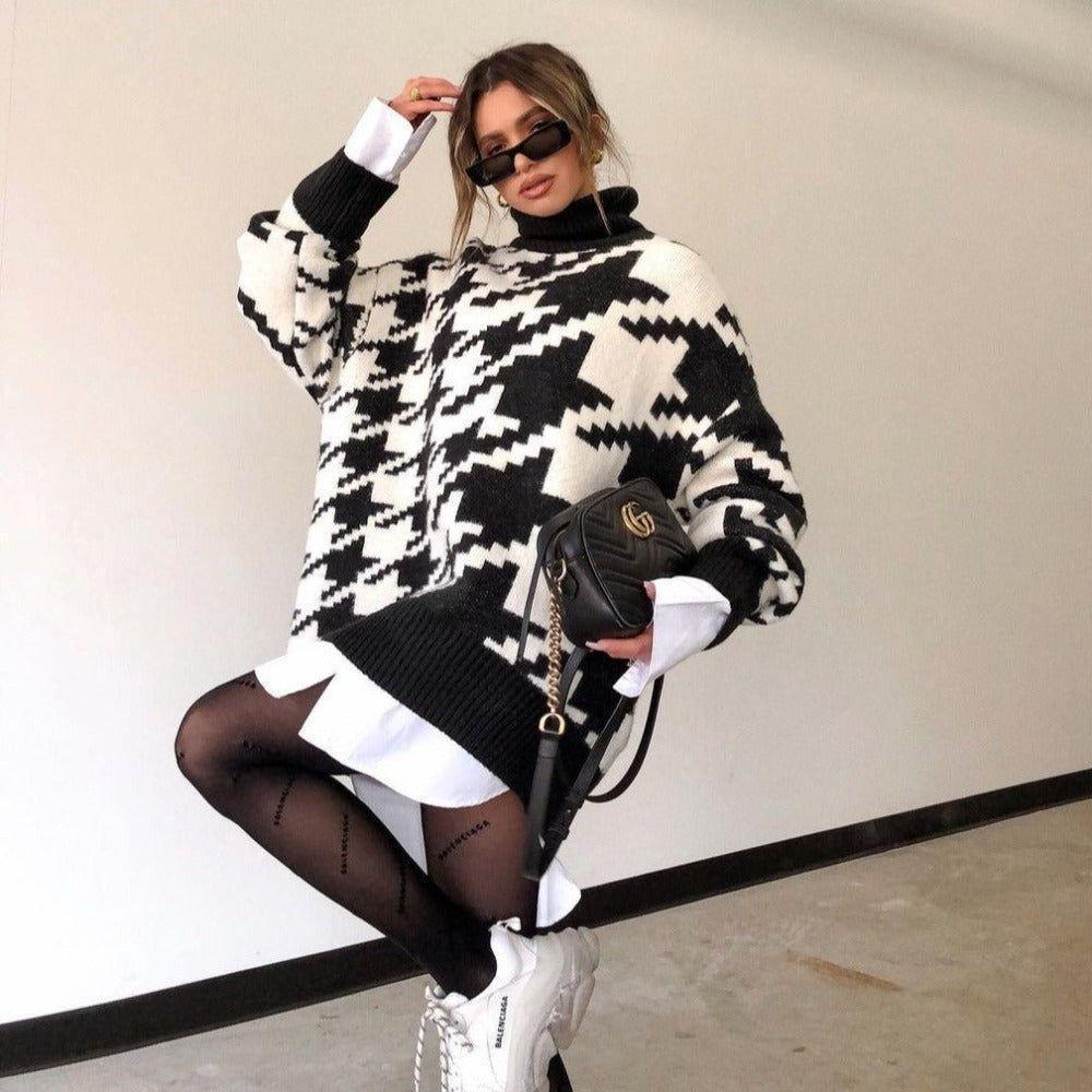 Madisyn Houndstooth Pattern Knit Sweater - Black & White / S - Mermaid Way