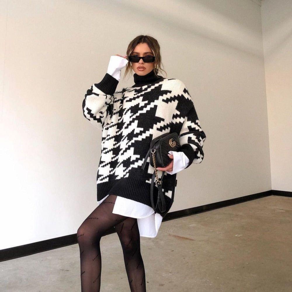 Madisyn Houndstooth Pattern Knit Sweater - Black & White / S - Mermaid Way