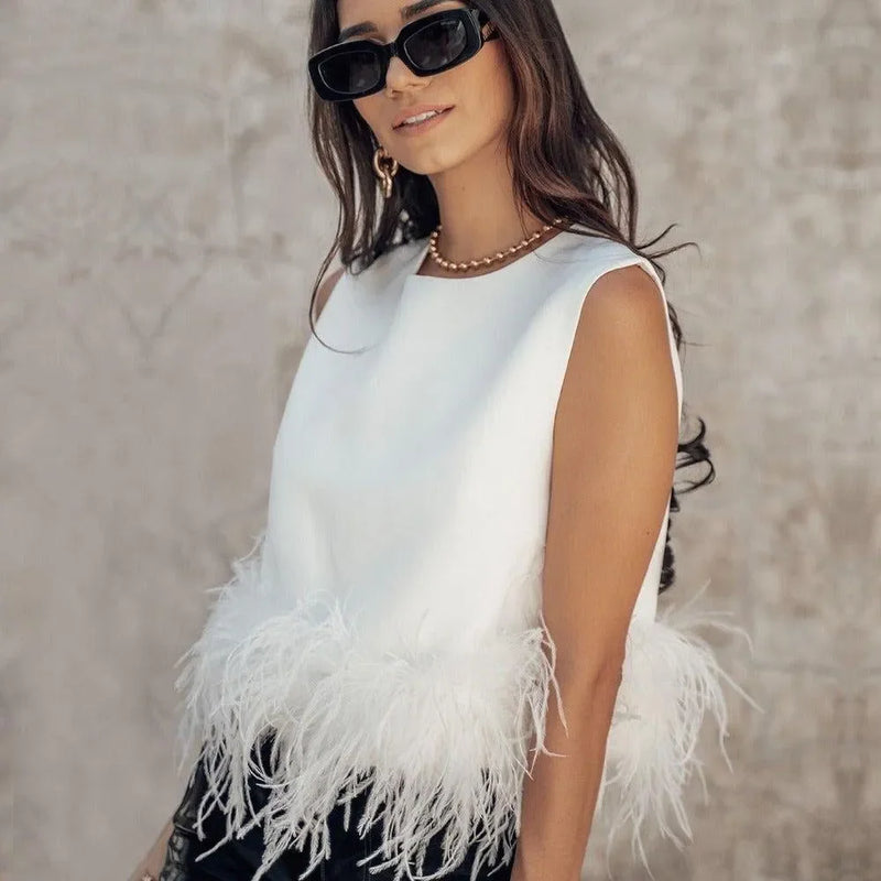 Maisy White Feather Trim Top - Satin Elegance for Evenings